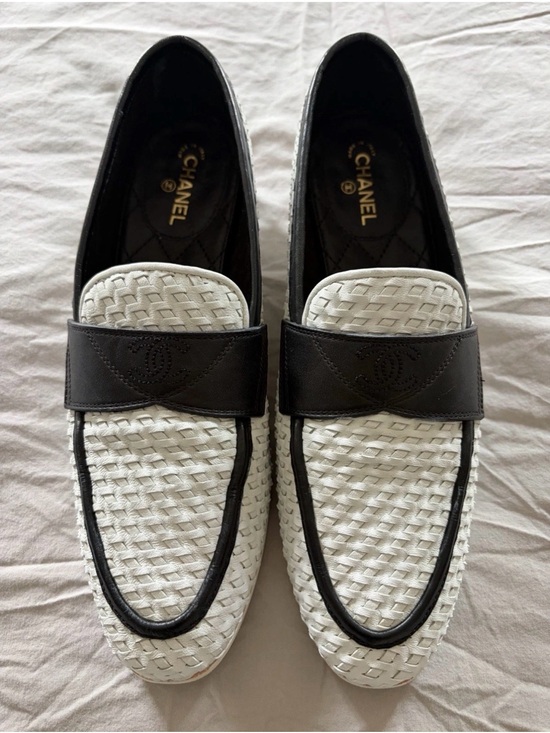 CHANEL Shoes - CHANEL CC Penny Loafers Womens White Black Woven Leather Slip On Shoes Size 38C